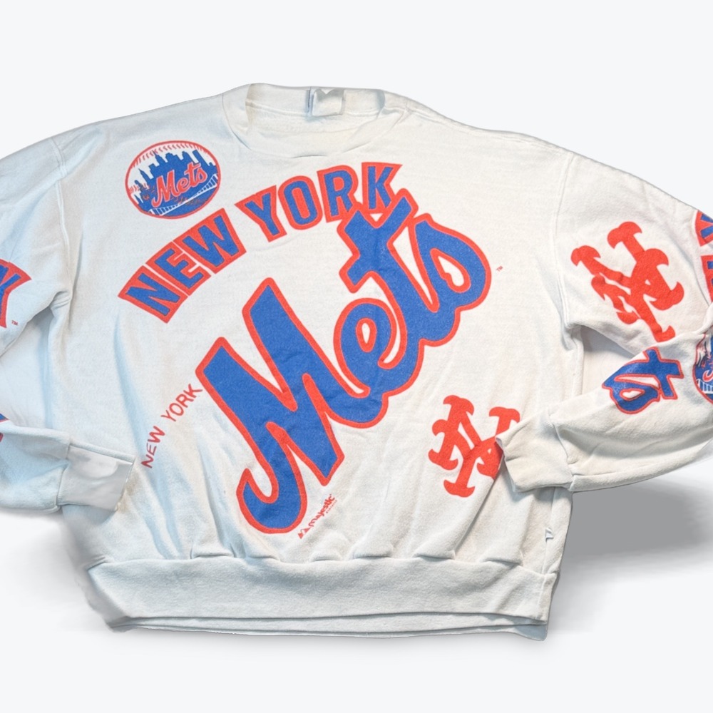 Vintage New York Mets Sweatshirt Majestic All Over Print White Mens Large USA